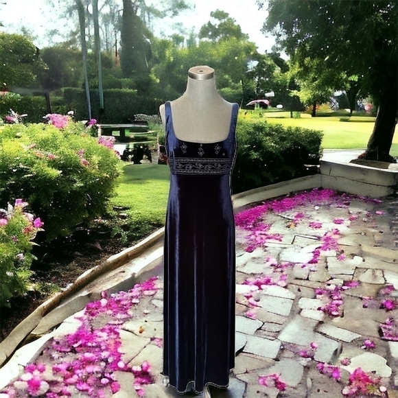 LAUNDRY Shelli Segal Navy Blue Velvet Dress Women Lined Crystal Embroidery Dress - Picture 3 of 9